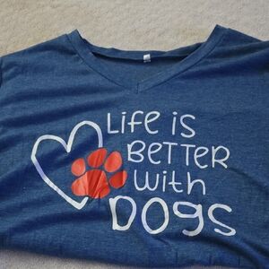 Life Is Better With Dogs Navy Blue Tee with Red Paw Graphic